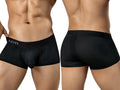 Front and back views of a person wearing black perforated mesh trunks with a logo waistband.