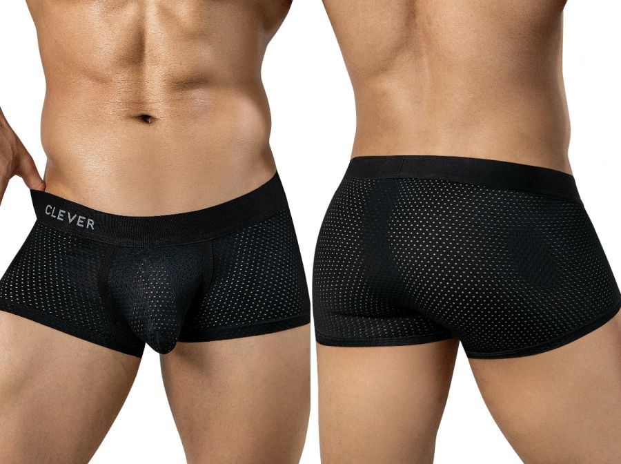 Front and back views of a person wearing black perforated mesh trunks with a logo waistband.