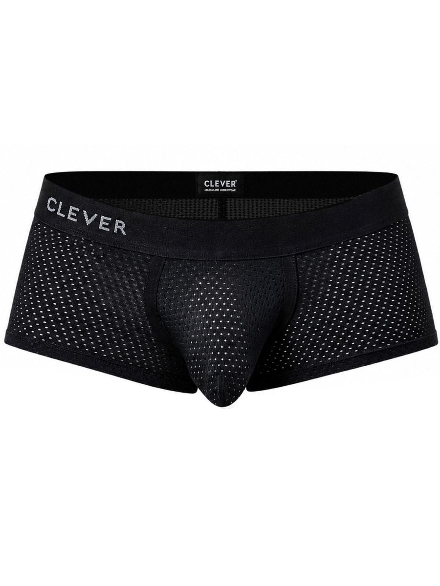 Black mesh trunks with a branded elastic waistband and contoured front pouch.