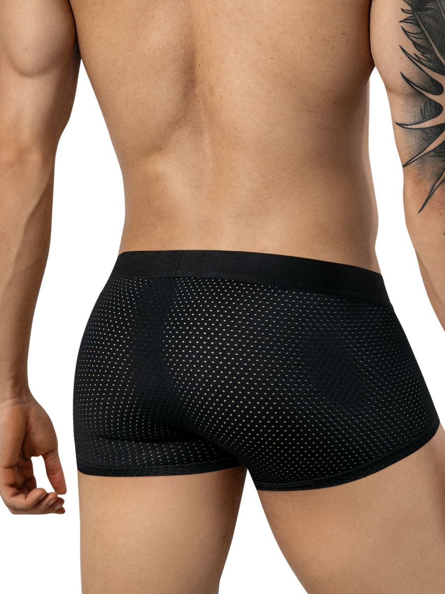 Rear view of a person wearing black mesh trunks with a solid waistband.