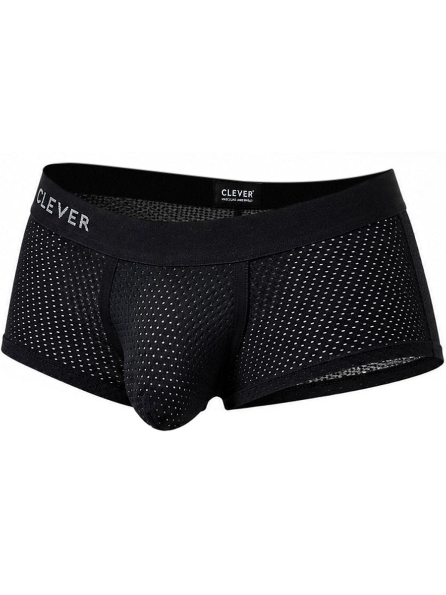 Black mesh trunks with a wide branded waistband and contoured pouch.
