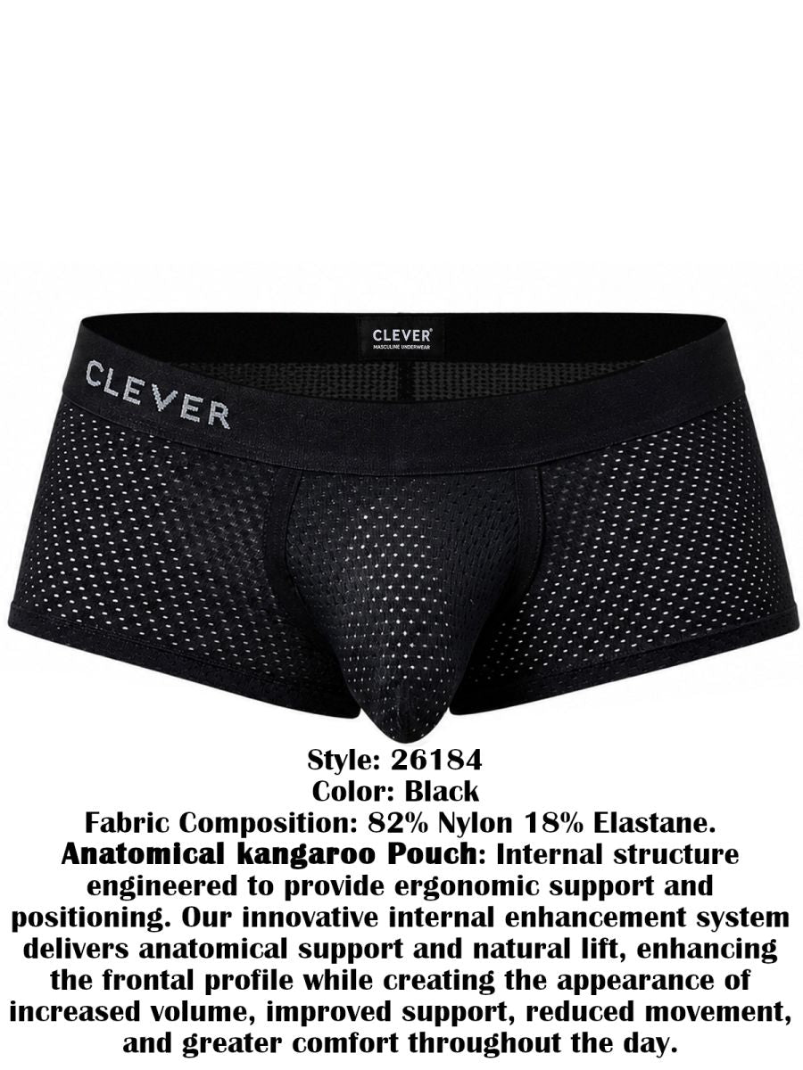 Black mesh men's trunks with a branded elastic waistband and contoured pouch.