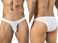 Front and back views of a person wearing white mesh briefs with thin side straps.