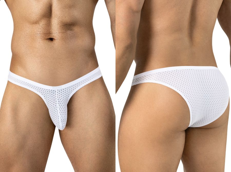 Front and back views of a person wearing white mesh briefs with thin side straps.