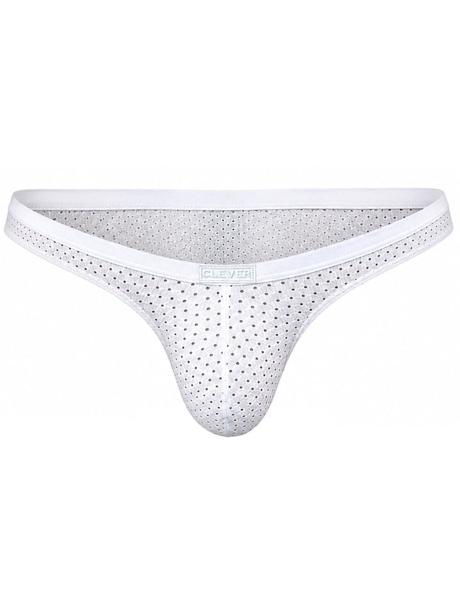 White mesh briefs with a solid white waistband featuring a centered Clever logo label, shown flat.