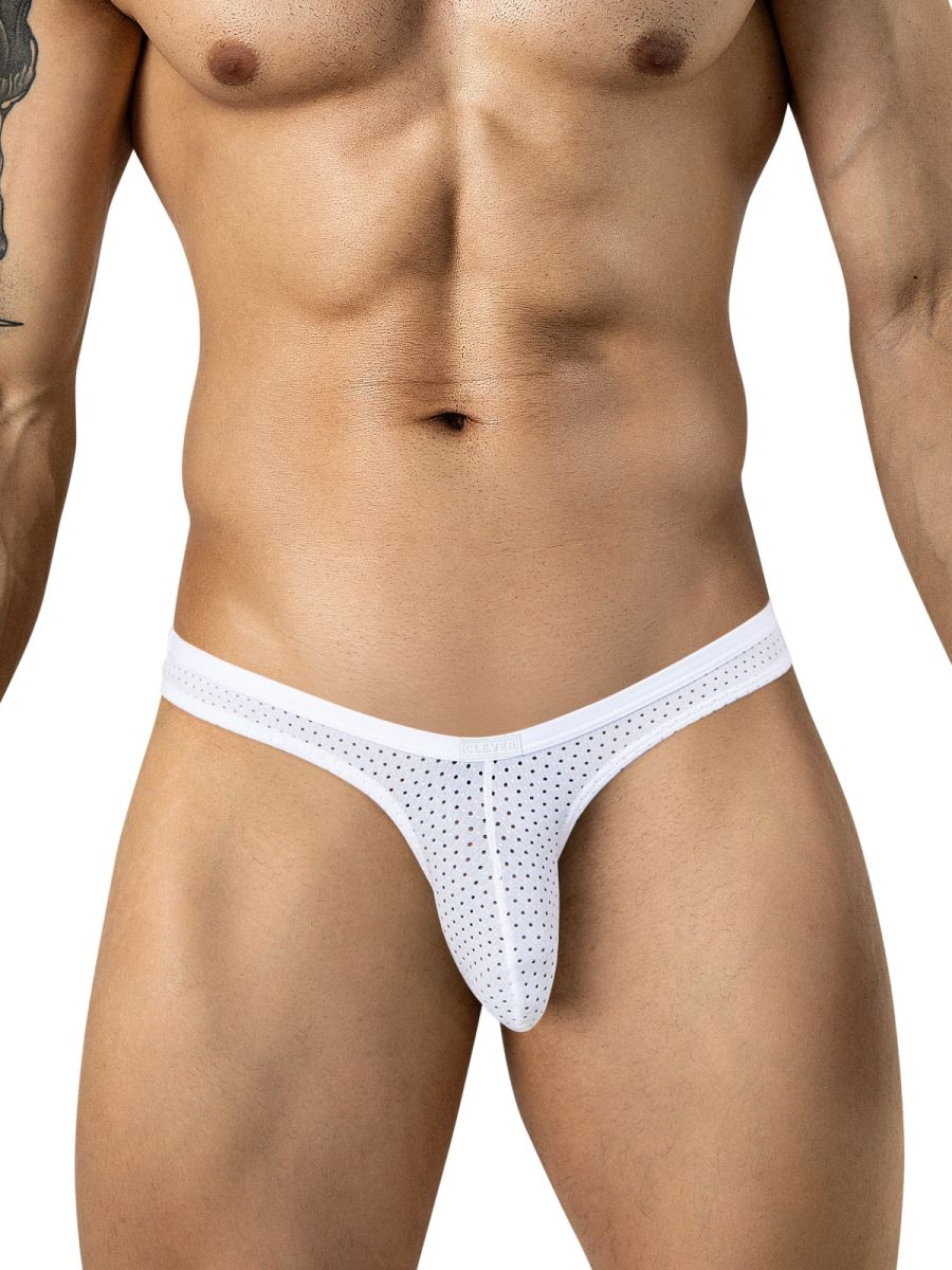A person wearing white perforated mesh thong briefs with a thin waistband.