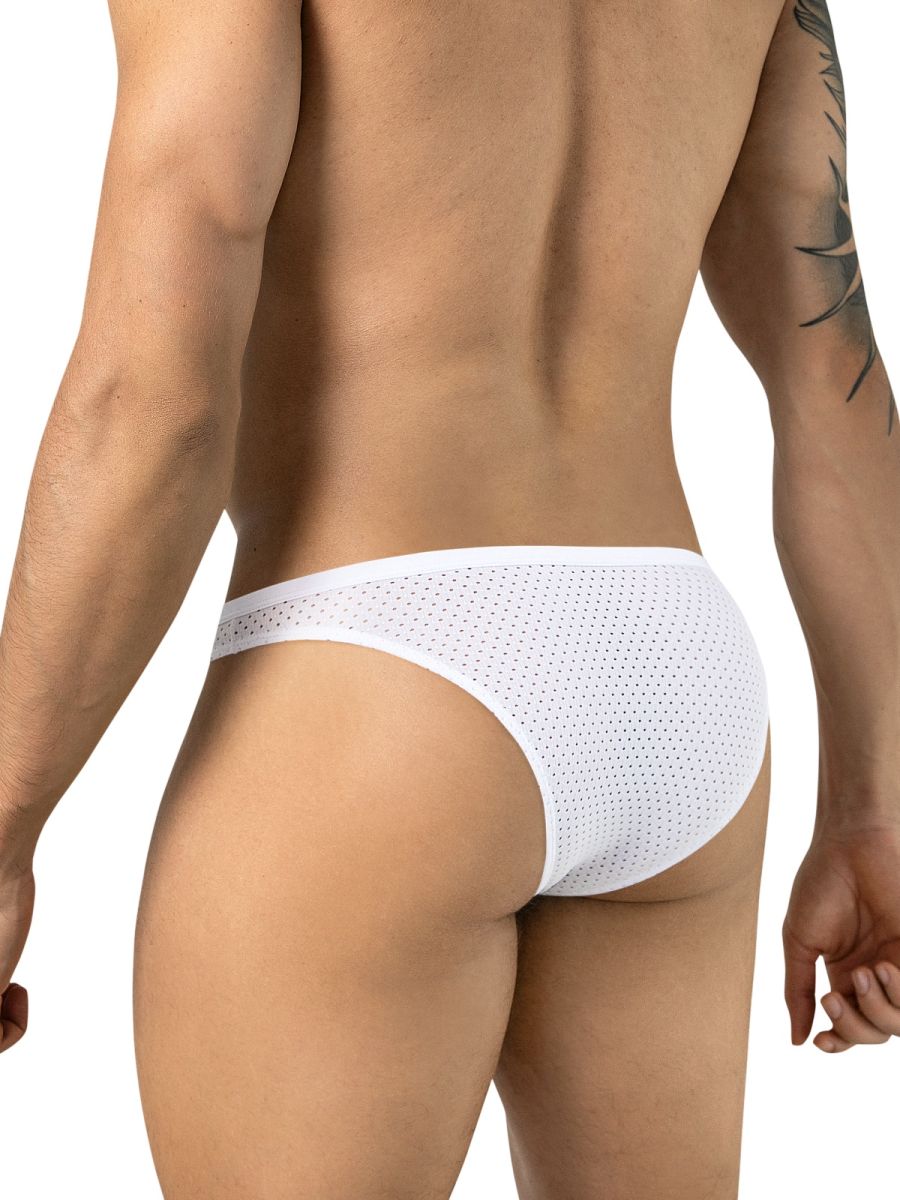 Rear view of a person wearing white mesh briefs with thin side straps.