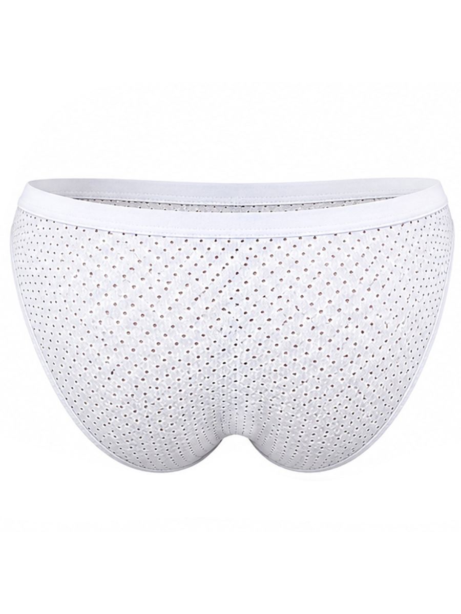 White mesh men's briefs featuring a solid waistband in a flat, front-facing view.