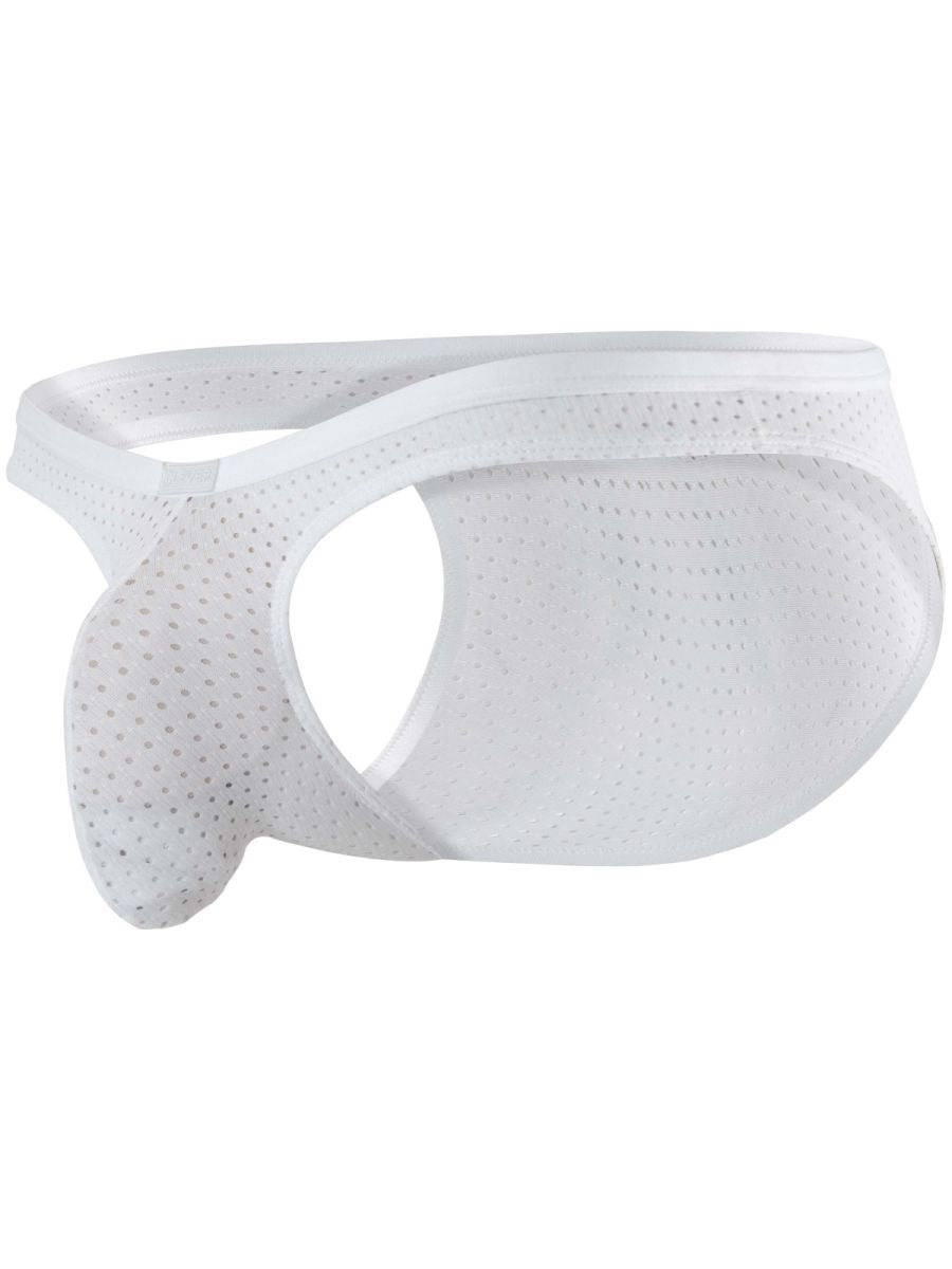 White mesh thong briefs with a side cutout and a front pouch, shown flat.