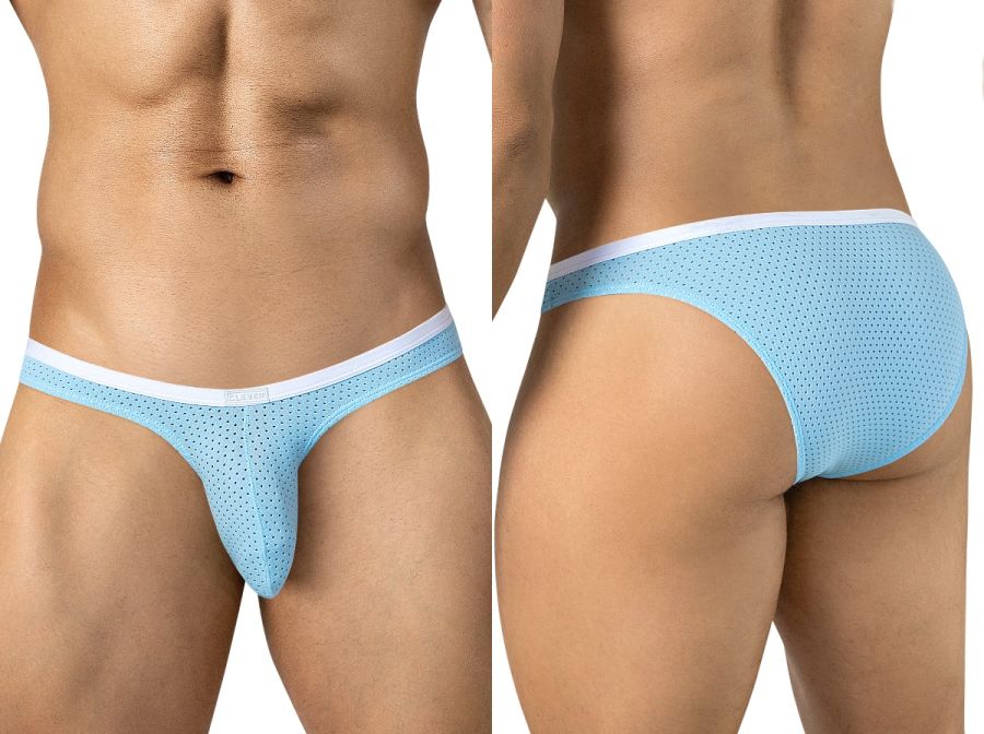 Front and back view of a person wearing light blue mesh briefs with a white waistband.