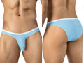 Front and back view of a person wearing light blue mesh briefs with a white waistband.