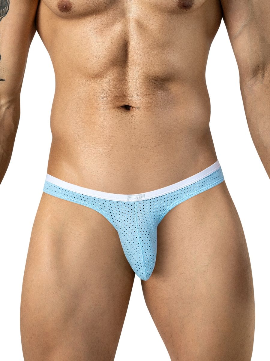 Light blue mesh thong briefs with a white waistband worn on a person.