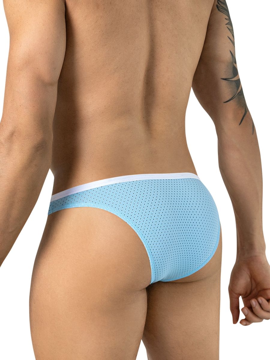 Rear view of light blue mesh briefs with a white waistband.