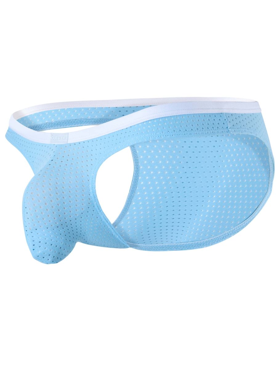 Light blue mesh athletic briefs featuring a white waistband and a contoured front pouch.