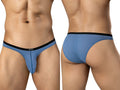 Front and back views of a person wearing steel blue mesh briefs with a black waistband.