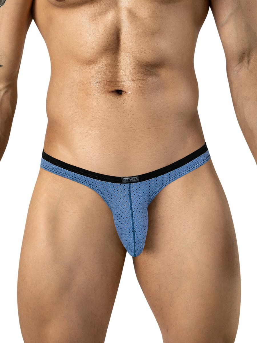 Front view of a person wearing steel blue mesh briefs with a black waistband and a small logo tag.