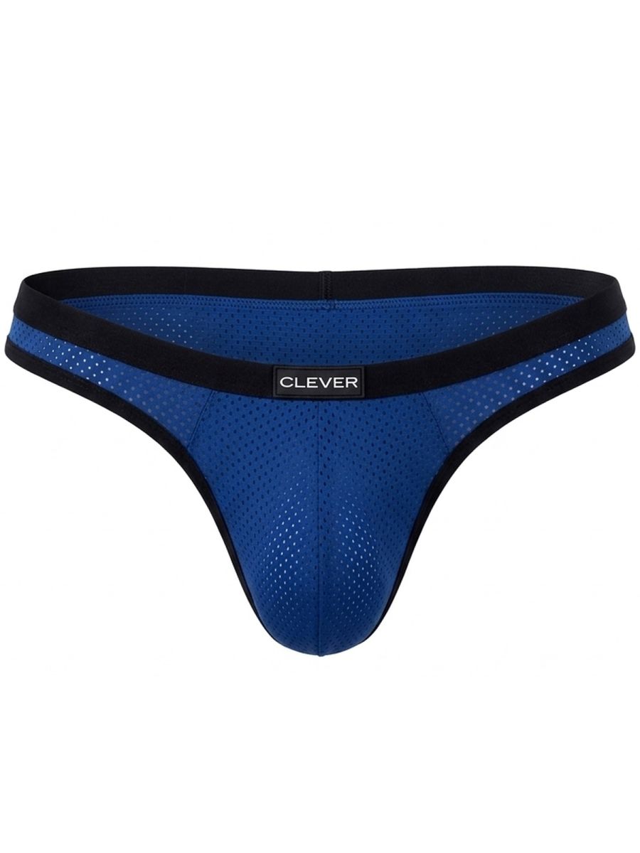 Steel blue mesh ergonomic briefs featuring a black waistband with a centered Clever logo tag.