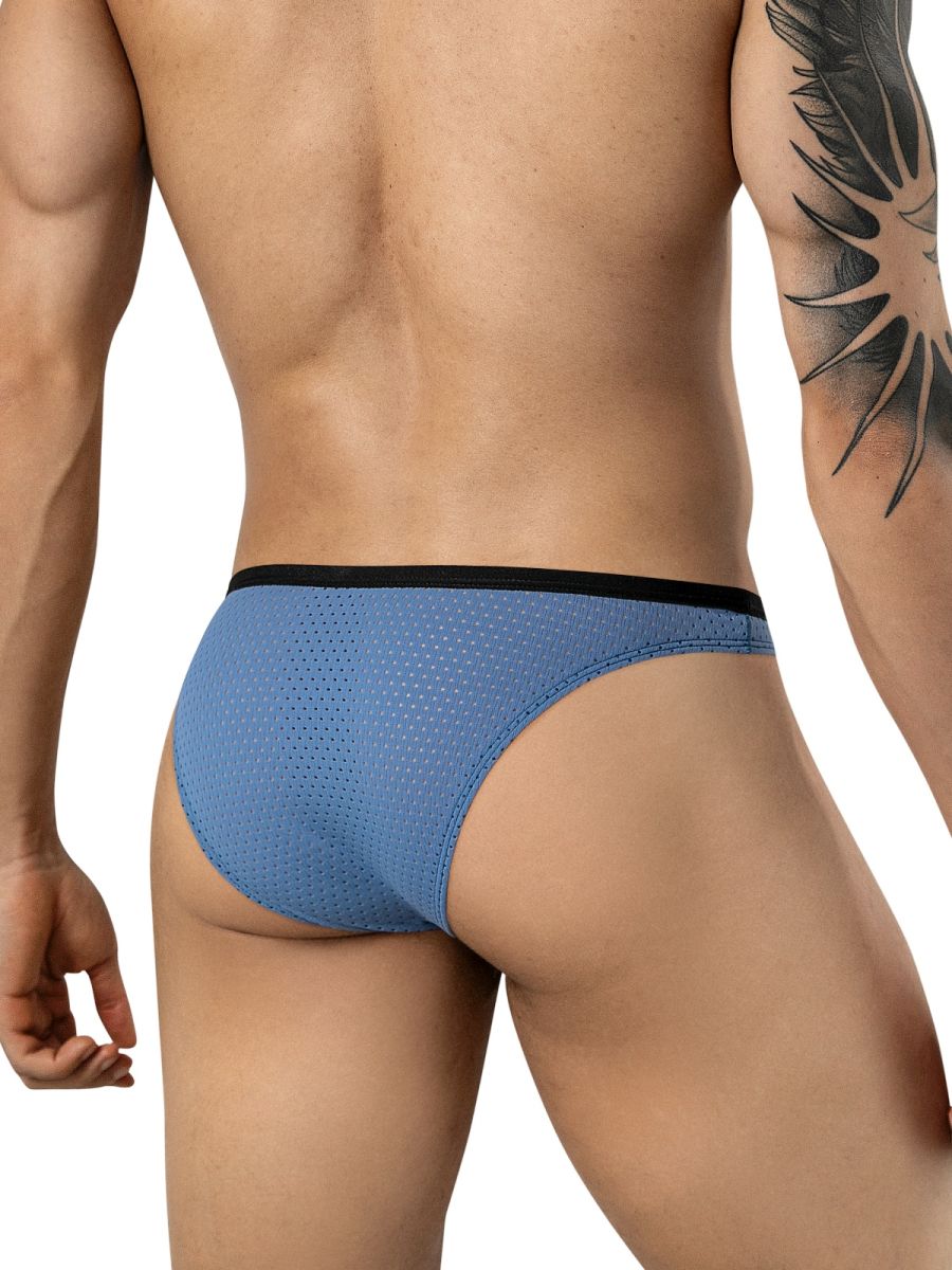 Rear view of a person wearing steel blue mesh briefs with a black waistband.
