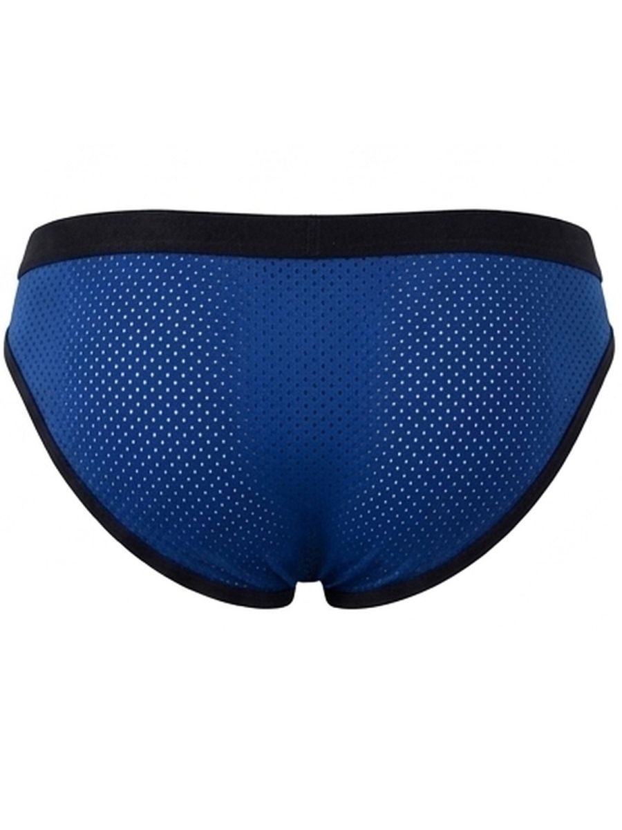 Back view of steel blue mesh briefs with a black waistband and trim.
