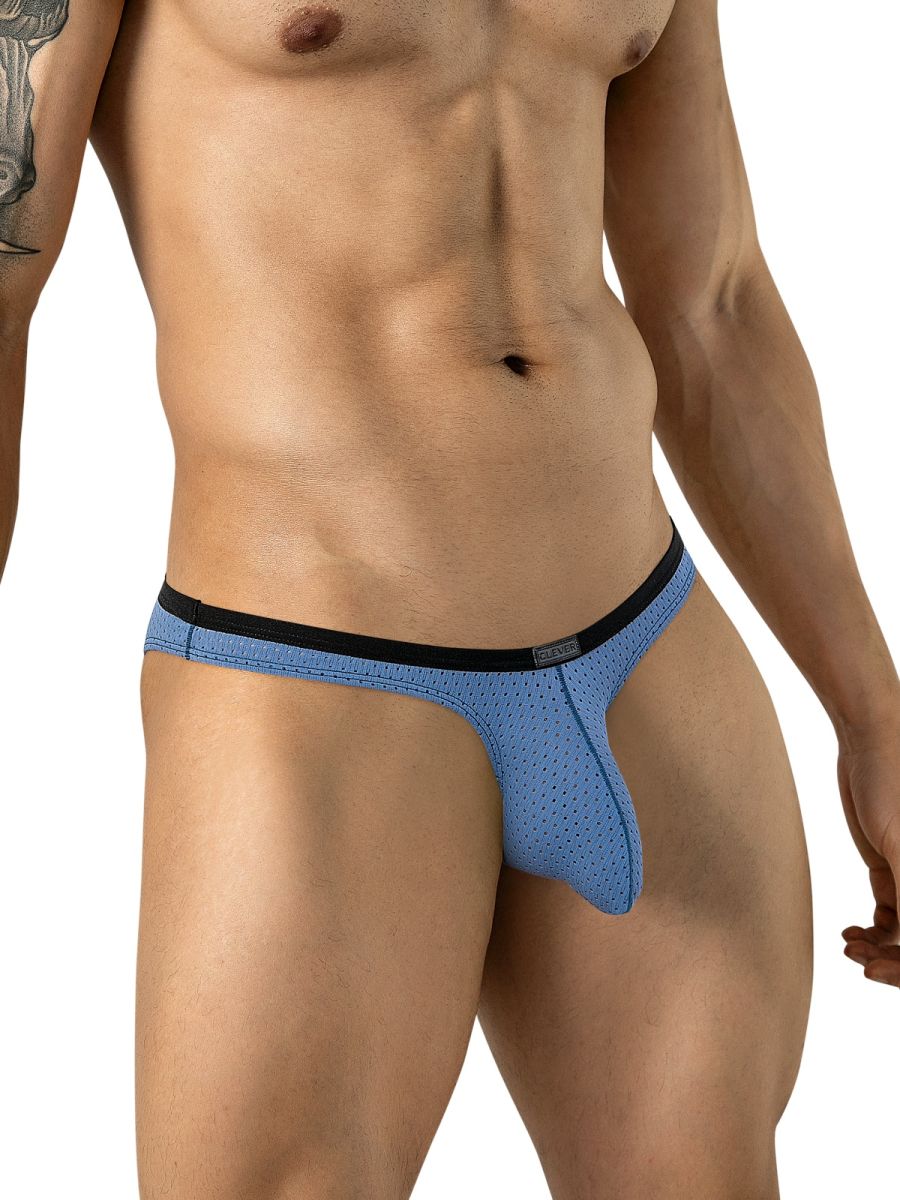 Steel blue ergonomic mesh briefs with a black waistband on a model.