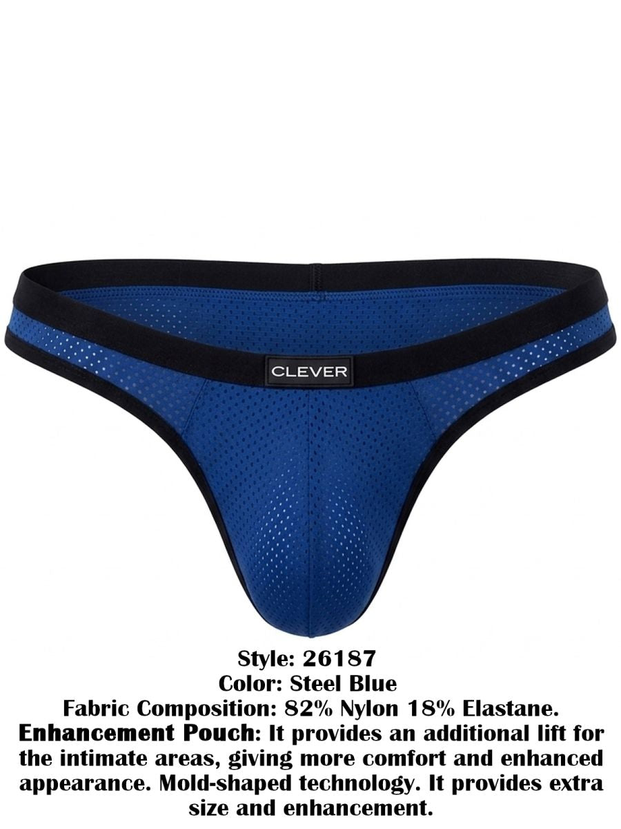 Steel blue mesh ergonomic briefs with black waistband and centered Clever logo, shown flat.