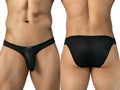 Front and back views of a person wearing black mesh briefs with thin side straps.