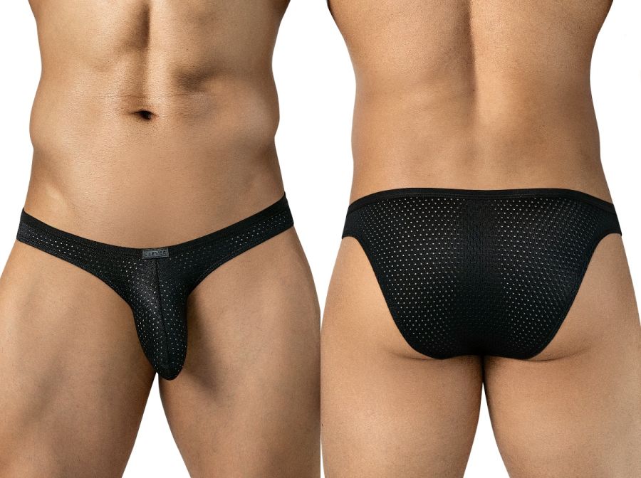Front and back views of a person wearing black mesh briefs with thin side straps.