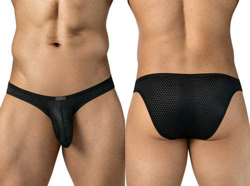 Front and back views of a person wearing black mesh briefs with thin side straps.