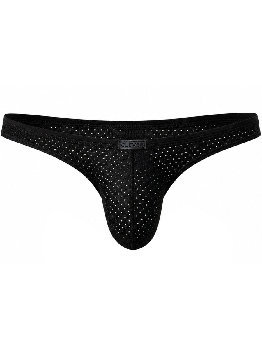 Black micro-perforated men's briefs featuring a thin waistband with a centered brand logo patch.
