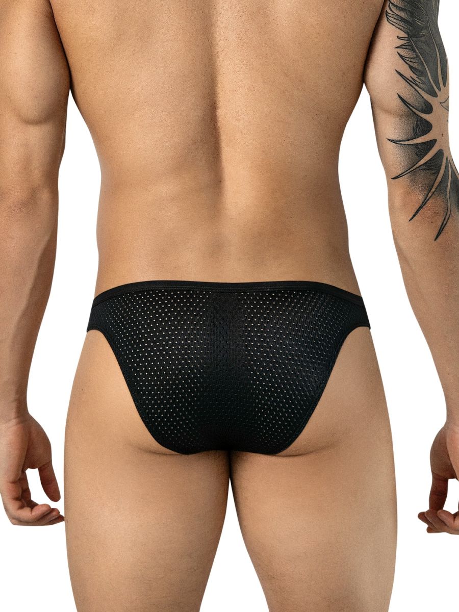 Rear view of a person wearing black mesh bikini briefs with a solid waistband.