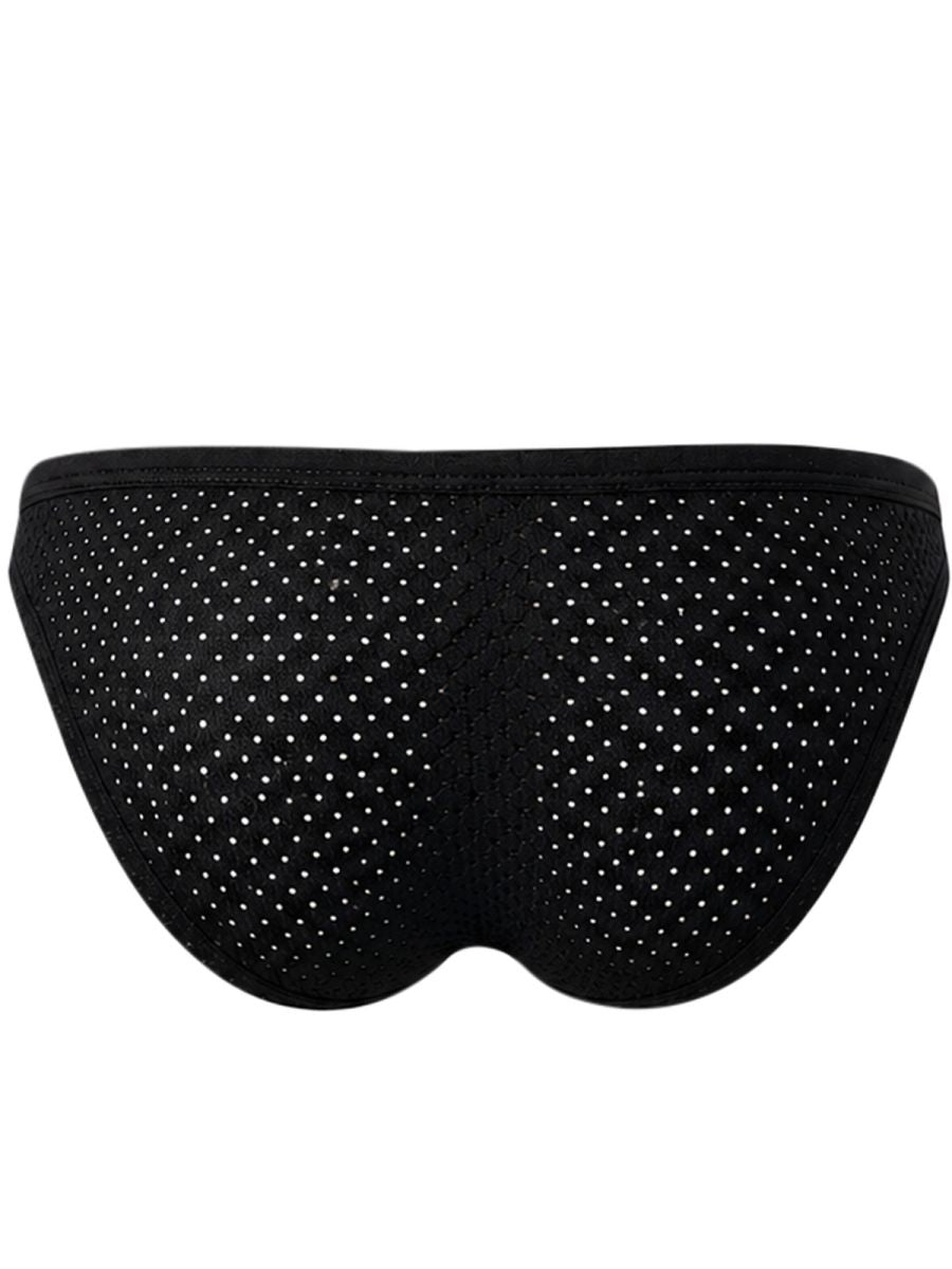 Rear view of black mesh briefs with small perforations throughout.