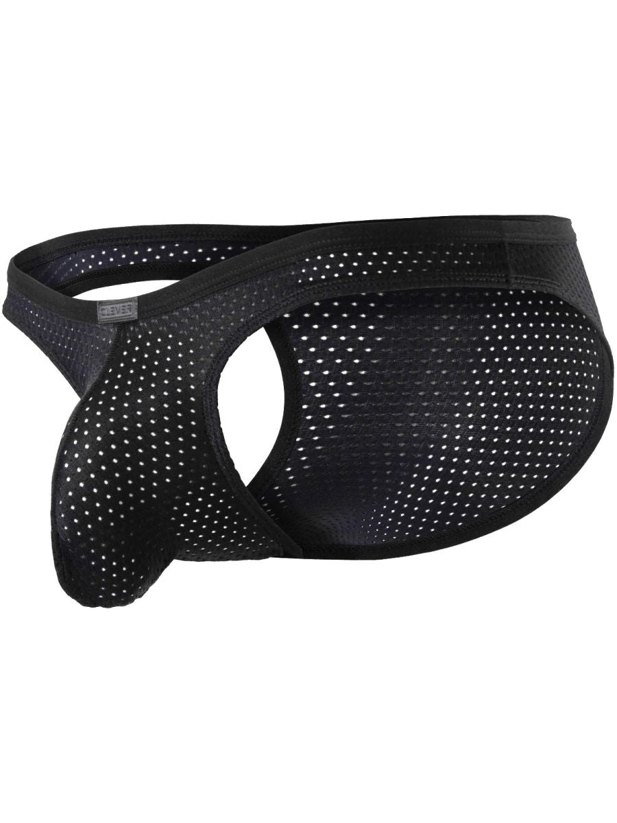 Black mesh briefs with an asymmetrical, open-sided cut and an enclosed pouch.