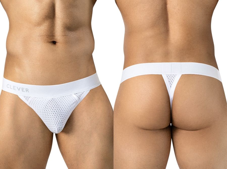Front and back views of a model wearing white mesh thongs with a branded waistband.
