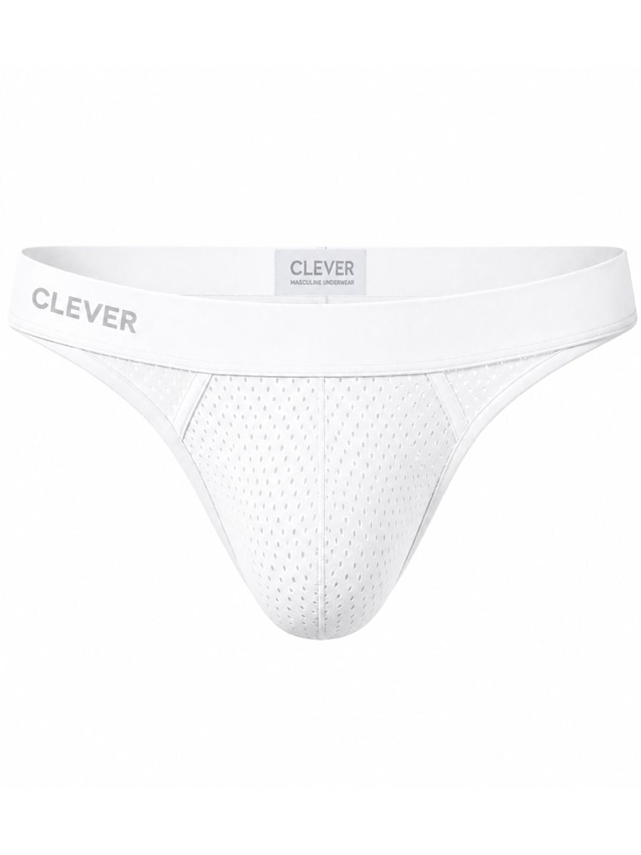 White mesh thong underwear featuring a wide waistband with gray logo text on the front left.