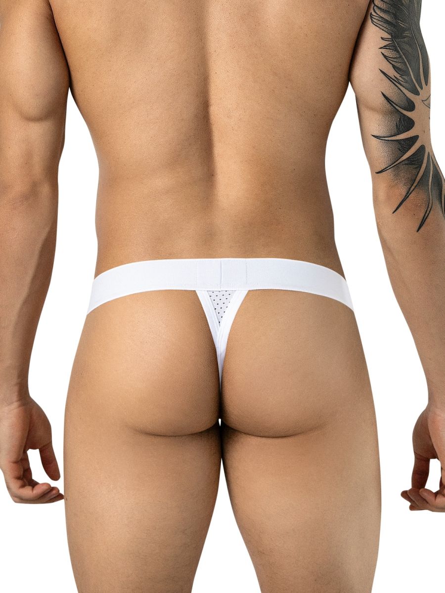 Rear view of a person wearing a white thong with a perforated mesh accent panel.