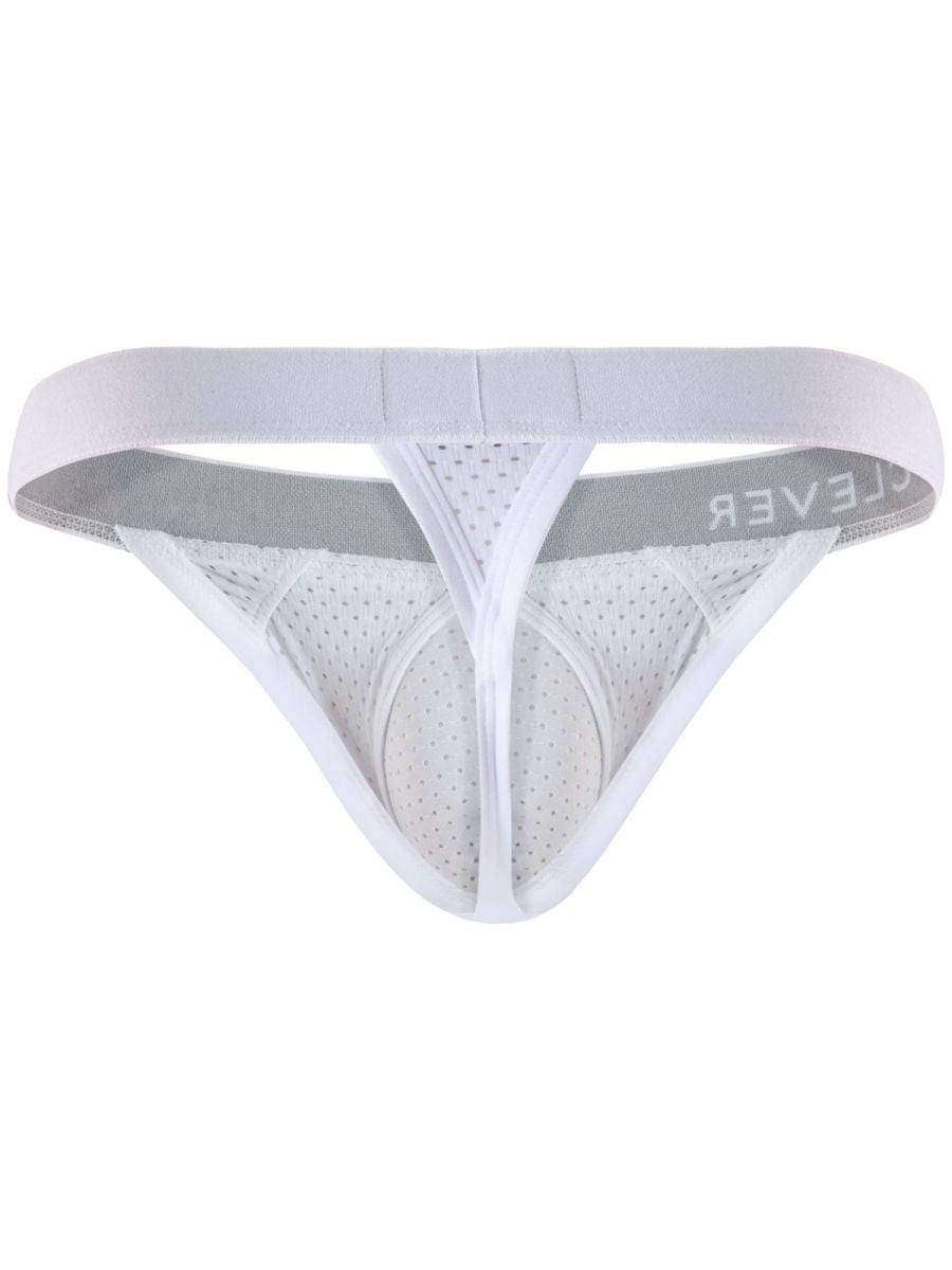 White mesh thong underwear featuring a wide elastic waistband and contoured pouch.