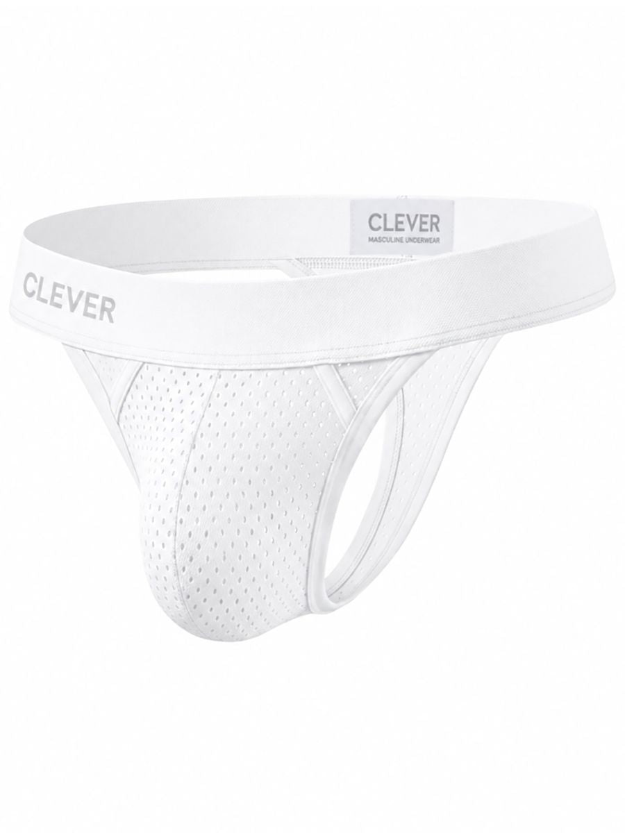 White mesh thong underwear featuring a wide waistband with the Clever logo.