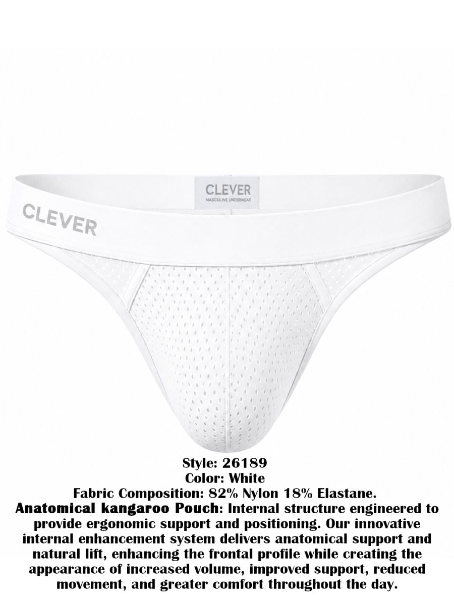 White Clever thong underwear featuring a wide elastic waistband and mesh front pouch.