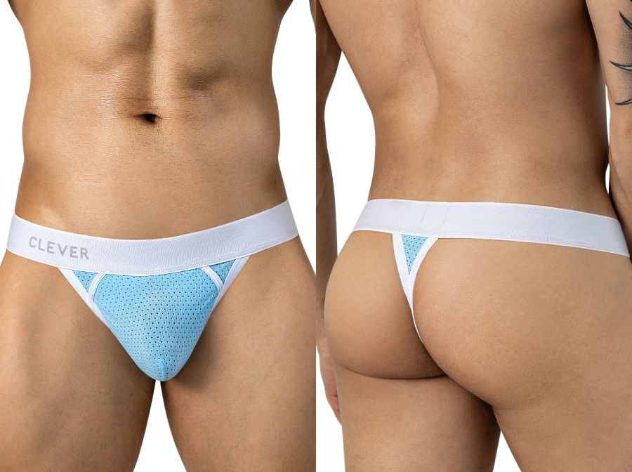 Light blue mesh thong with a white waistband and trim, shown from front and back views.