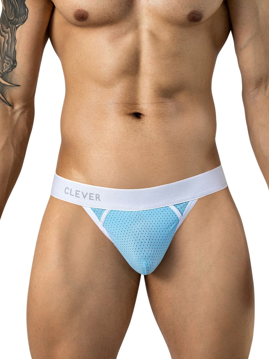 Front view of a model wearing light blue mesh thongs with a white waistband featuring the Clever logo.