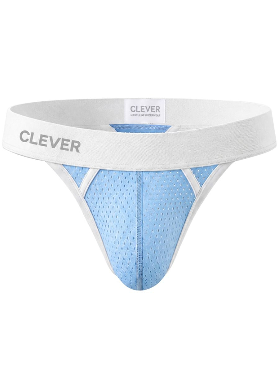 Light blue mesh thong underwear featuring a wide white waistband with the Clever logo.