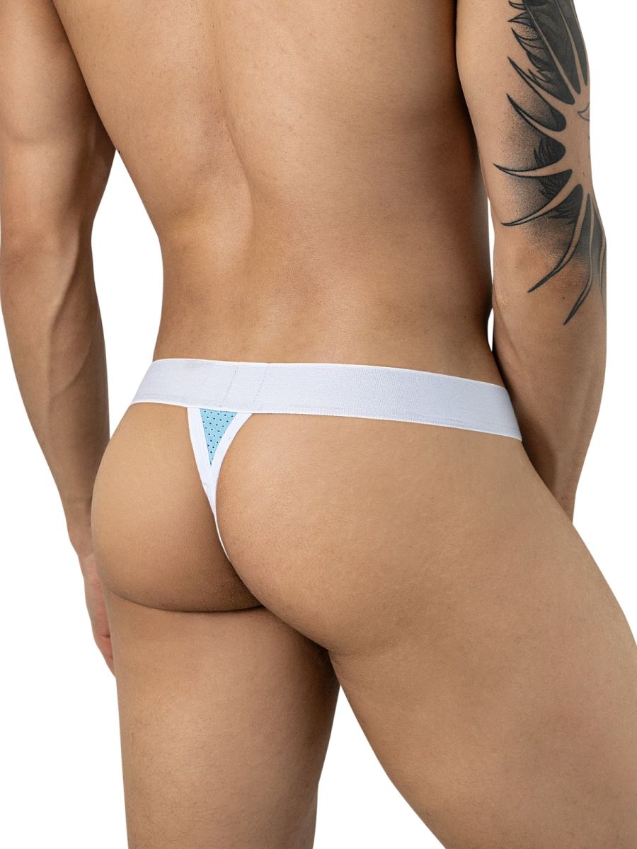 Rear view of light blue thong with a white elastic waistband and mesh triangle detail.