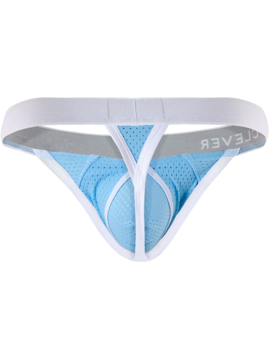 Light blue mesh ergonomic thong underwear with a wide white waistband and contrast trim.