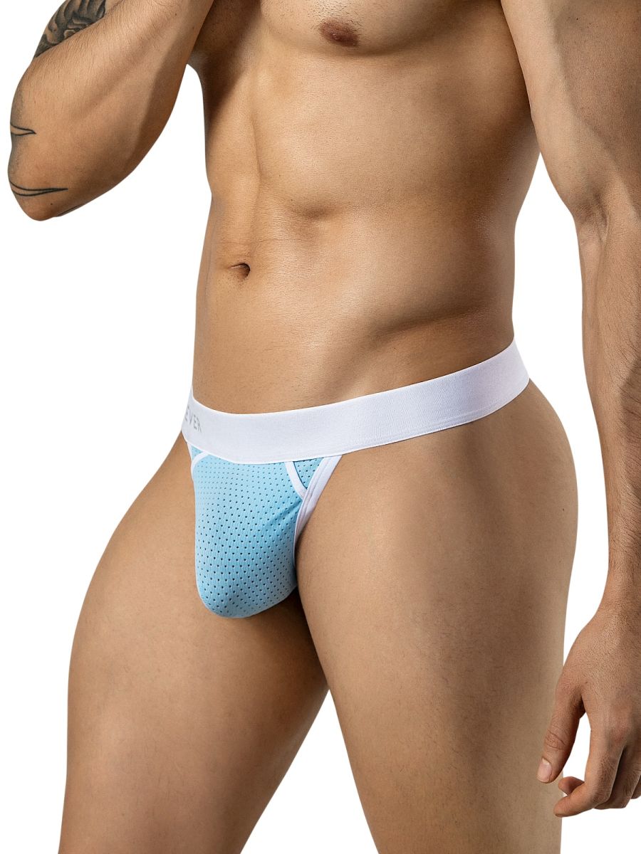 A light blue mesh thong with a white waistband and trim, shown in a side-front view.