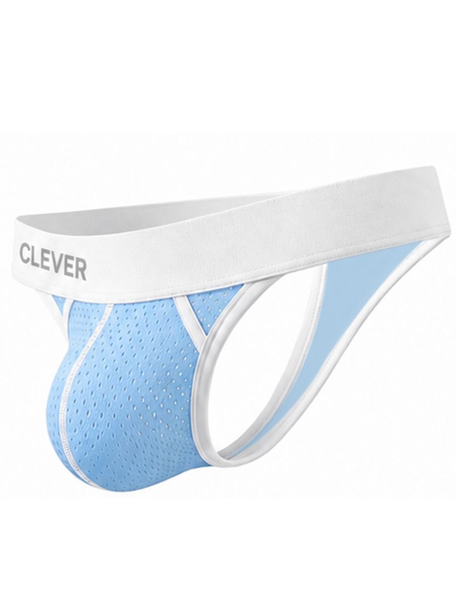 Light blue mesh thong with a white branded waistband and white trim.