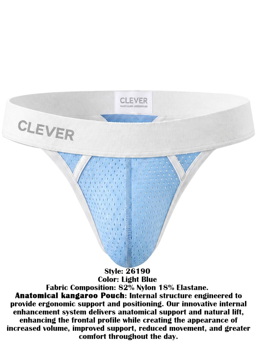 Light blue mesh thong featuring a white waistband with the Clever logo.