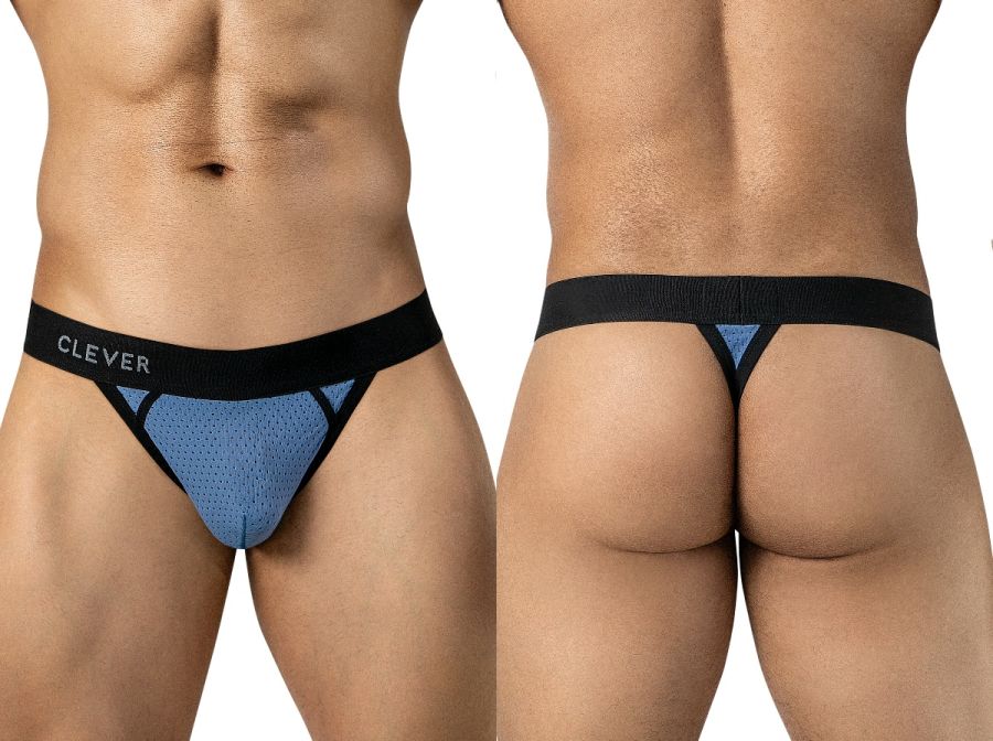 Front and back views of a model wearing steel blue mesh thongs with a black waistband.