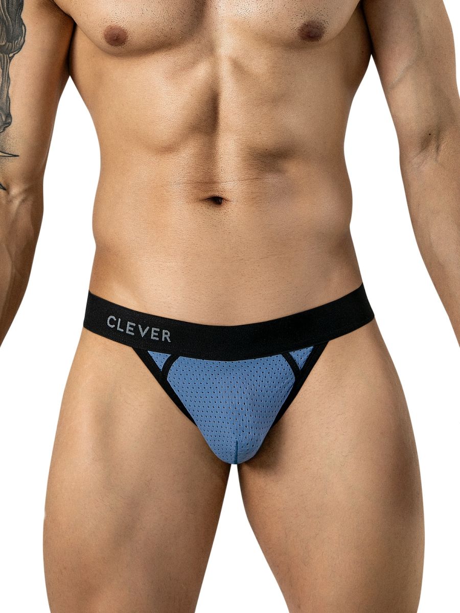 A model wears steel blue mesh thong underwear with a black waistband featuring the Clever brand name.