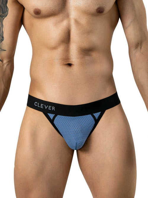 A model wears steel blue mesh thong underwear with a black waistband featuring the Clever brand name.