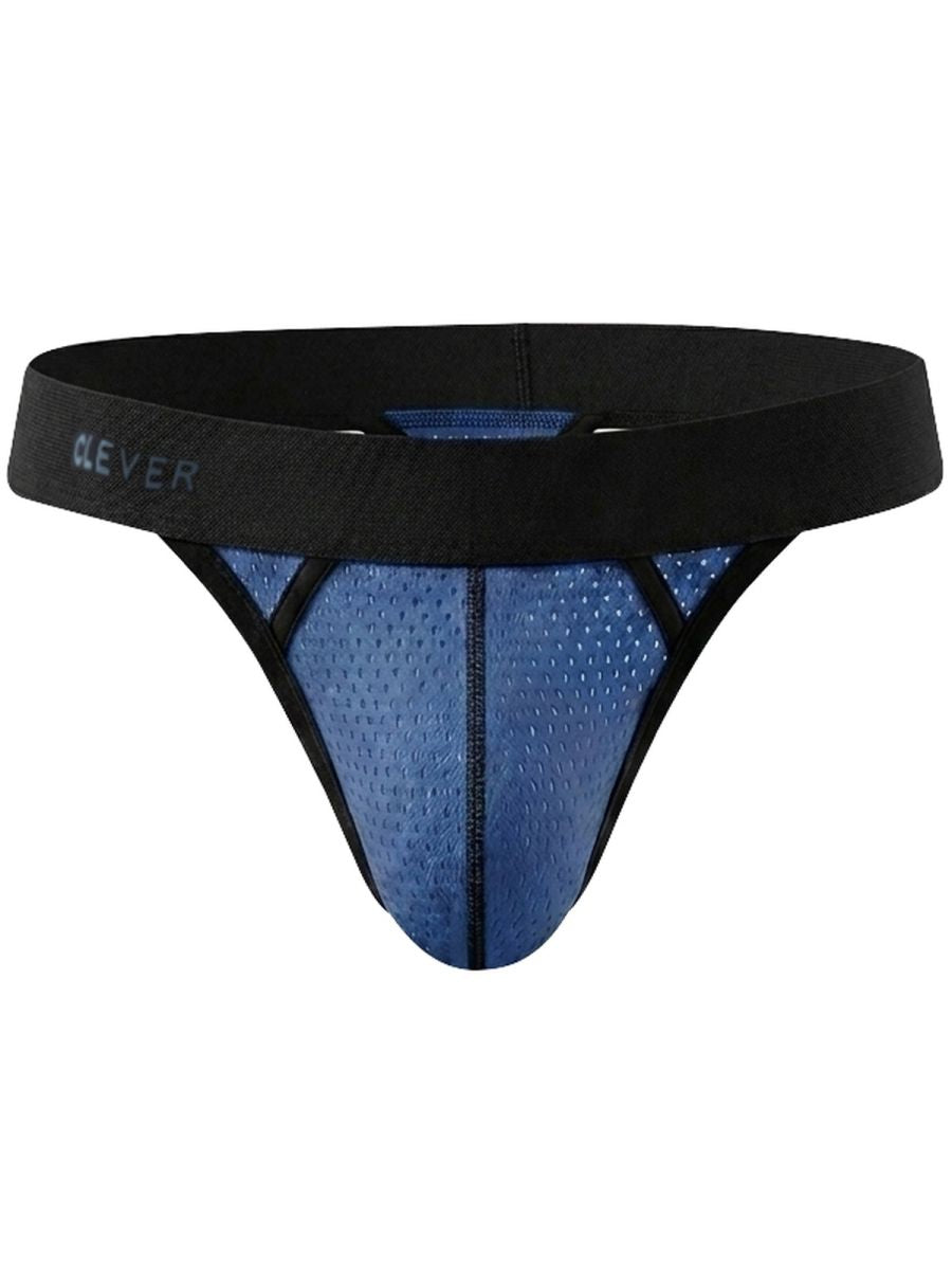 Steel blue mesh thong underwear featuring a wide black waistband with the brand name "CLEVER".